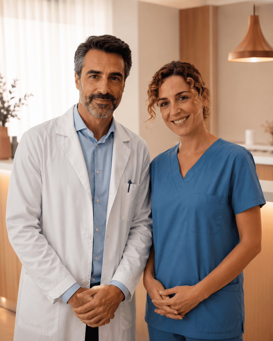 Dentista y auxiliar sonriendo en una clínica dental cálida