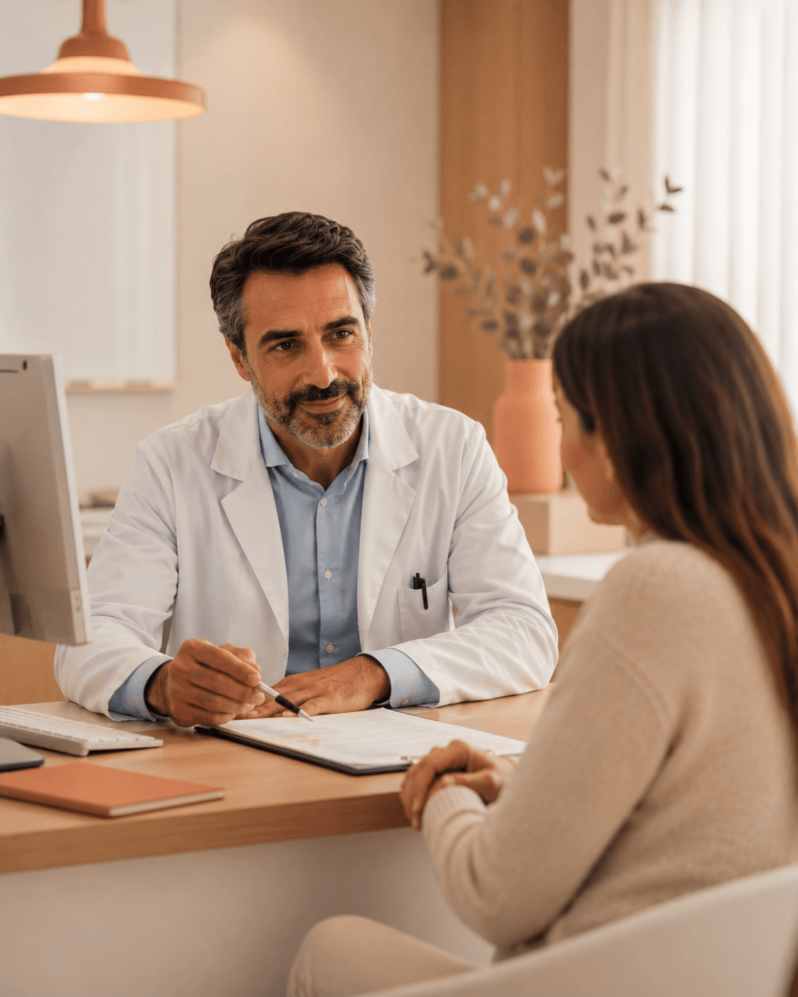 Dentista atendiendo a una paciente en el mostrador de la clínica