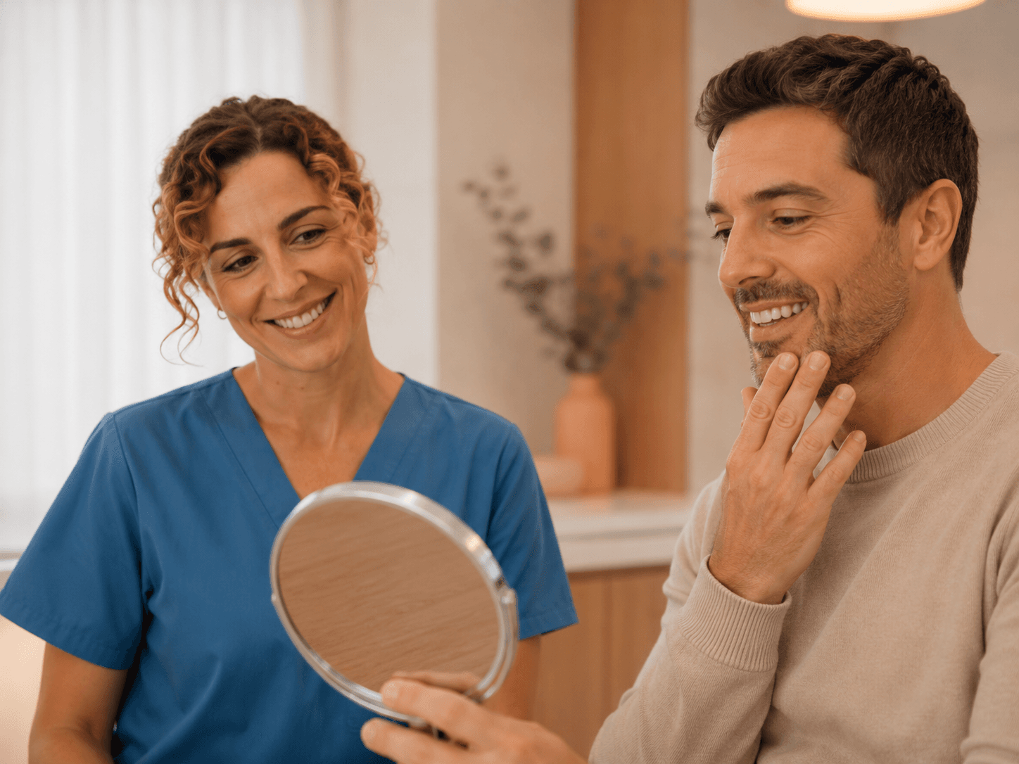 Paciente sonriendo con un espejo durante una consulta de estética dental