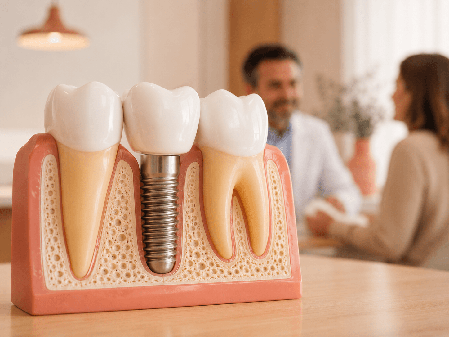 Modelo dental explicativo con un implante en primer plano